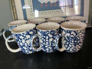 Set of 8 Tienshan Folk Craft Blue Spongeware Coffee Mugs